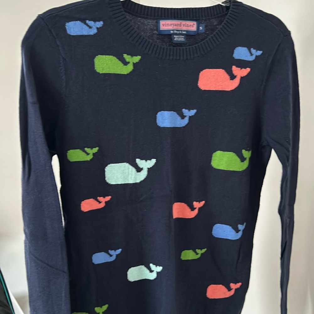 Vineyard vines cardigan navy with pink green and blue whales